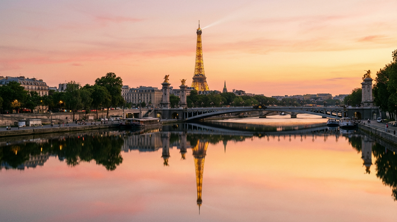Tour Eiffel et Seine au crépuscule, Paris, France — Candlelight, concerts et ateliers créatifs Fête des Mères.